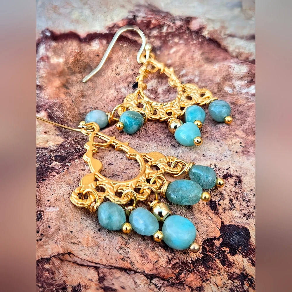Amazon's Stone Of Hope  Amazonite In Mystical Filligree Gold Plated Earrings